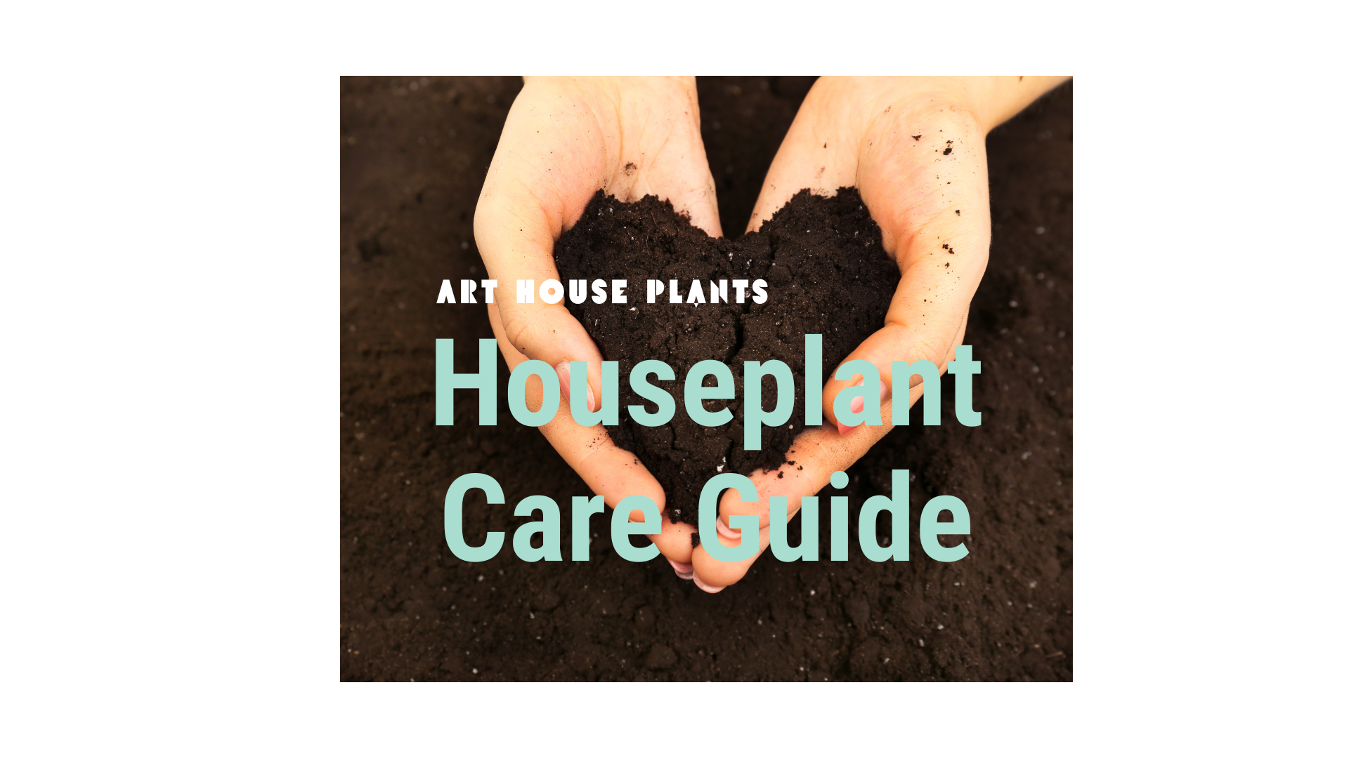 hand holding dirt in shape of heart, title "Houseplant Care Guide" by Art House Plants