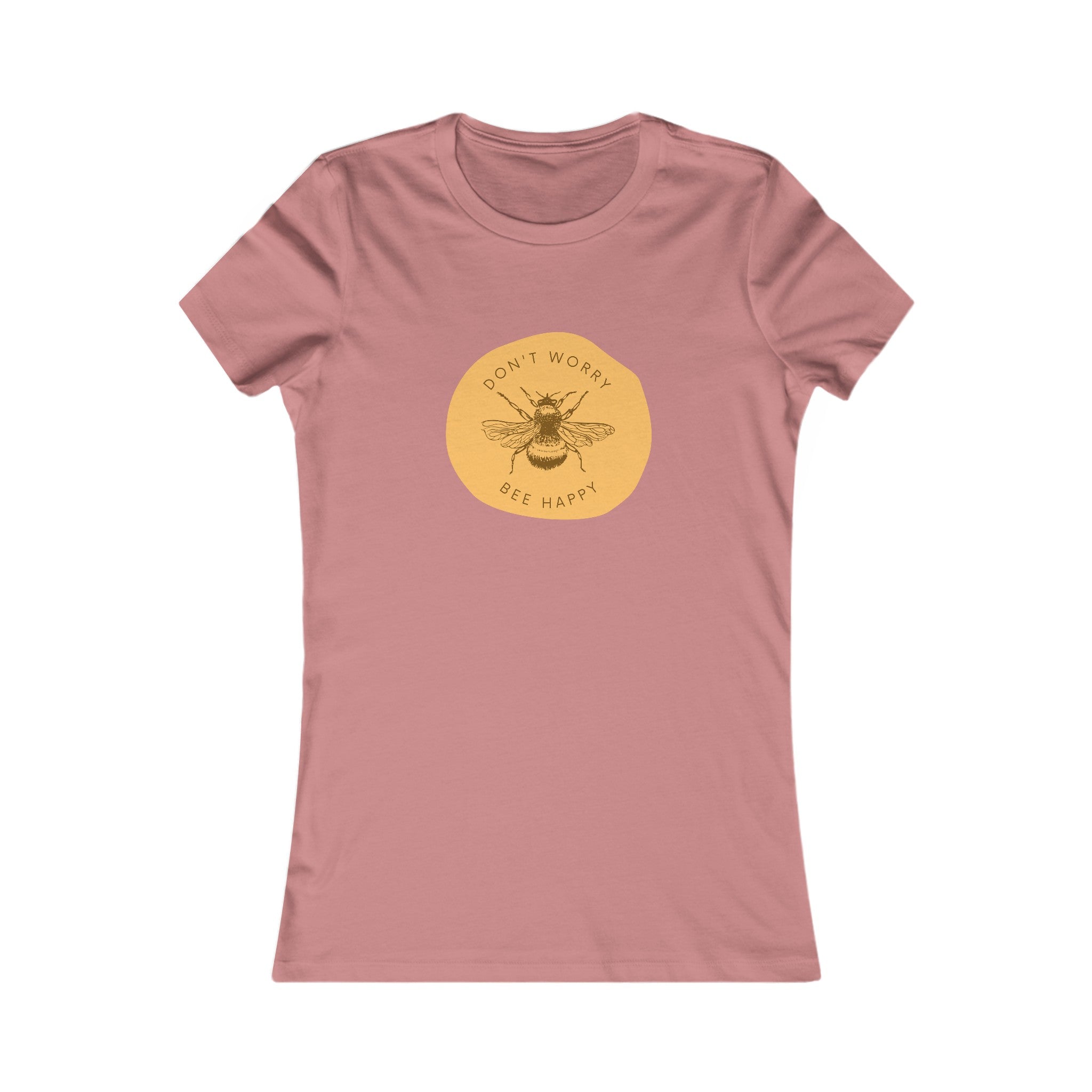 women's fitted t-shirt in mauve with an illustrative be saying 'Don't worry bee happy'