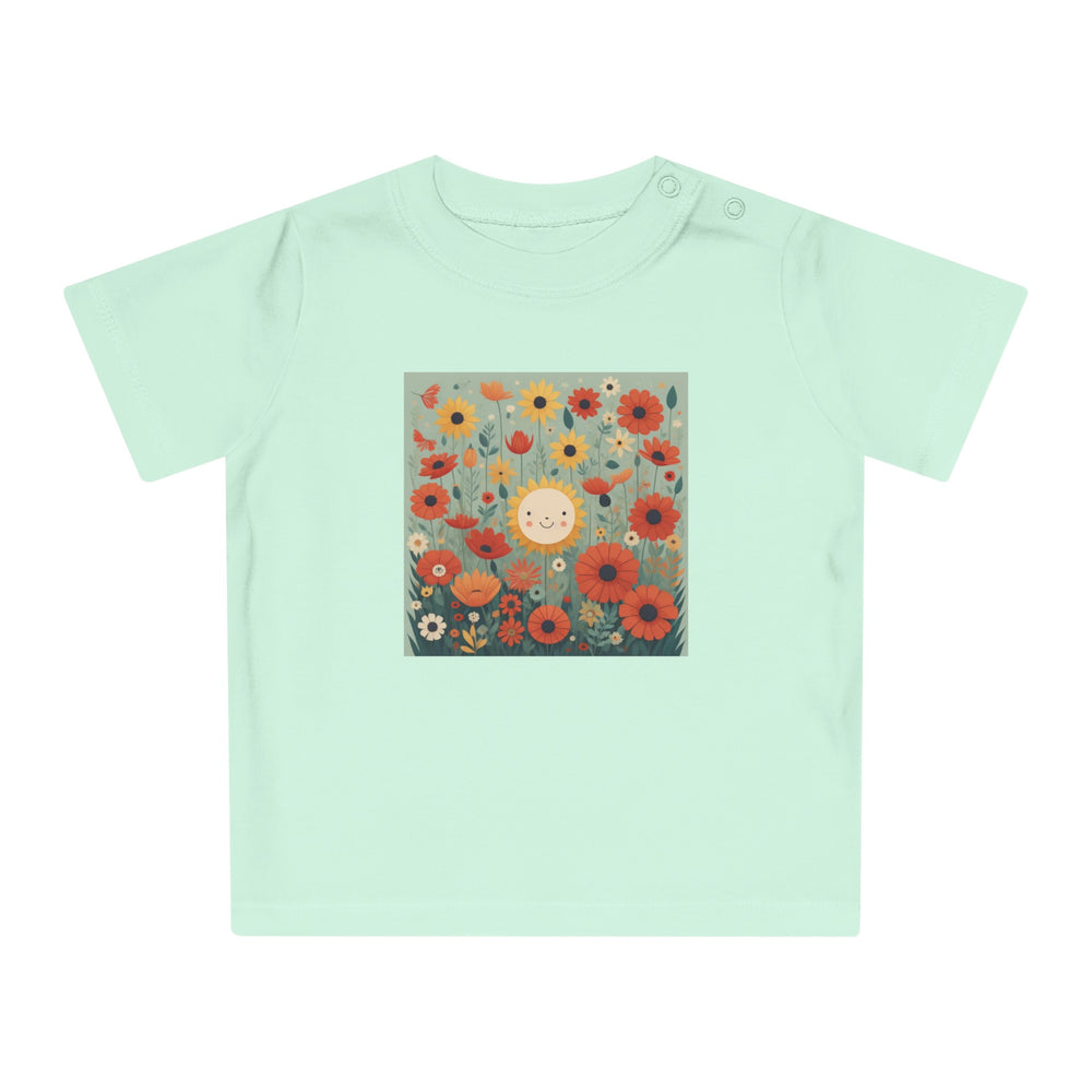 'Field of Poppies' ORGANIC Baby/Toddler T-Shirt. Soft, premium cotton. Flowers and sunshine illustrative.