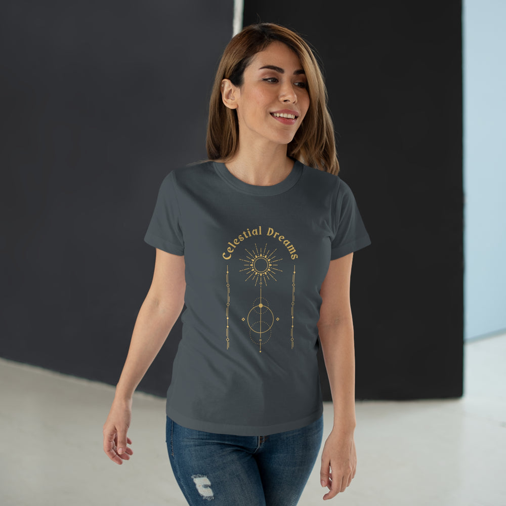 Celestial Dreams Single Jersey Women's T-shirt Cute Comfortable Trendy Gift Tee Moon Sun Stars Sky Planets Astrology Dreams