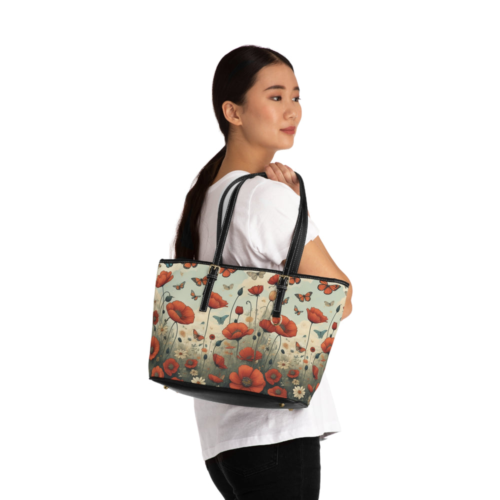 butterfly, poppy garden landscape on a couture hand bag.