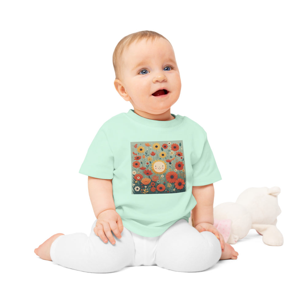 'Field of Poppies' ORGANIC Baby/Toddler T-Shirt. Soft, premium cotton. Flowers and sunshine illustrative.