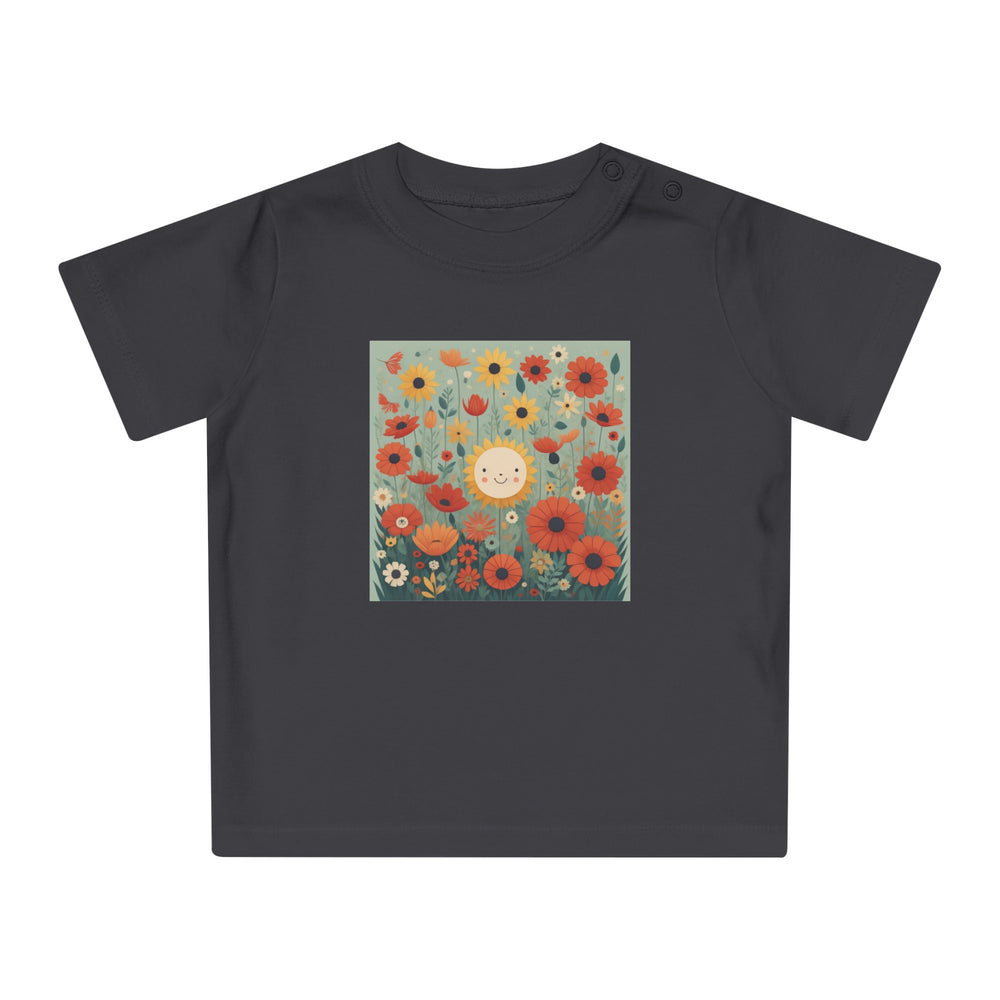 'Field of Poppies' ORGANIC Baby/Toddler T-Shirt. Soft, premium cotton. Flowers and sunshine illustrative.