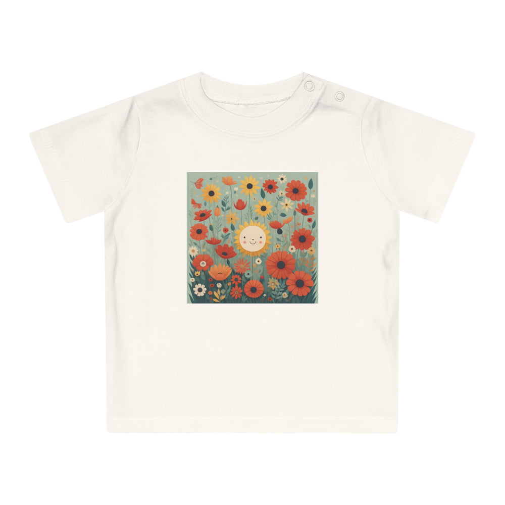 'Field of Poppies' ORGANIC Baby/Toddler T-Shirt. Soft, premium cotton. Flowers and sunshine illustrative.