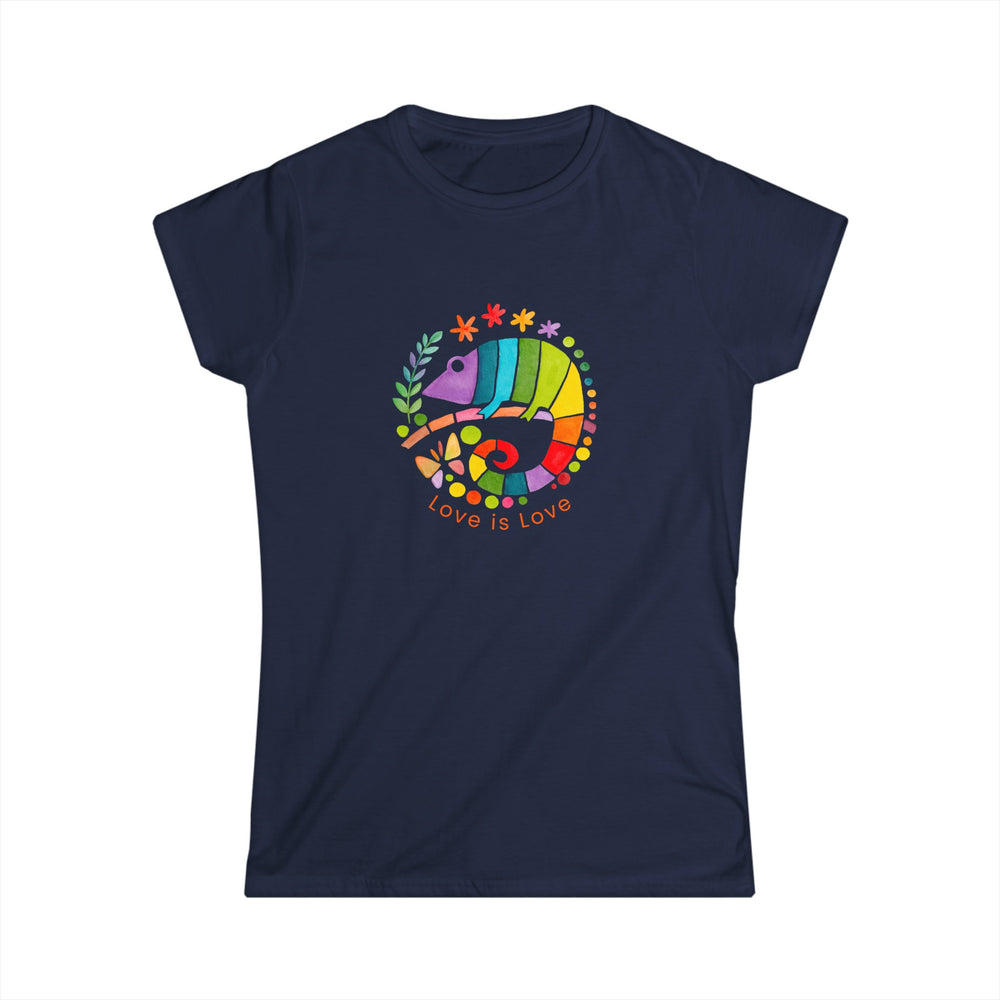 Chameleon Love is Love Women's Softstyle Tee Comfy T-shirt Gift Lizard Iguana Rainbow PRIDE Equality Freedom Gecko Hearts