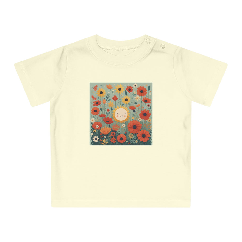 'Field of Poppies' ORGANIC Baby/Toddler T-Shirt. Soft, premium cotton. Flowers and sunshine illustrative.