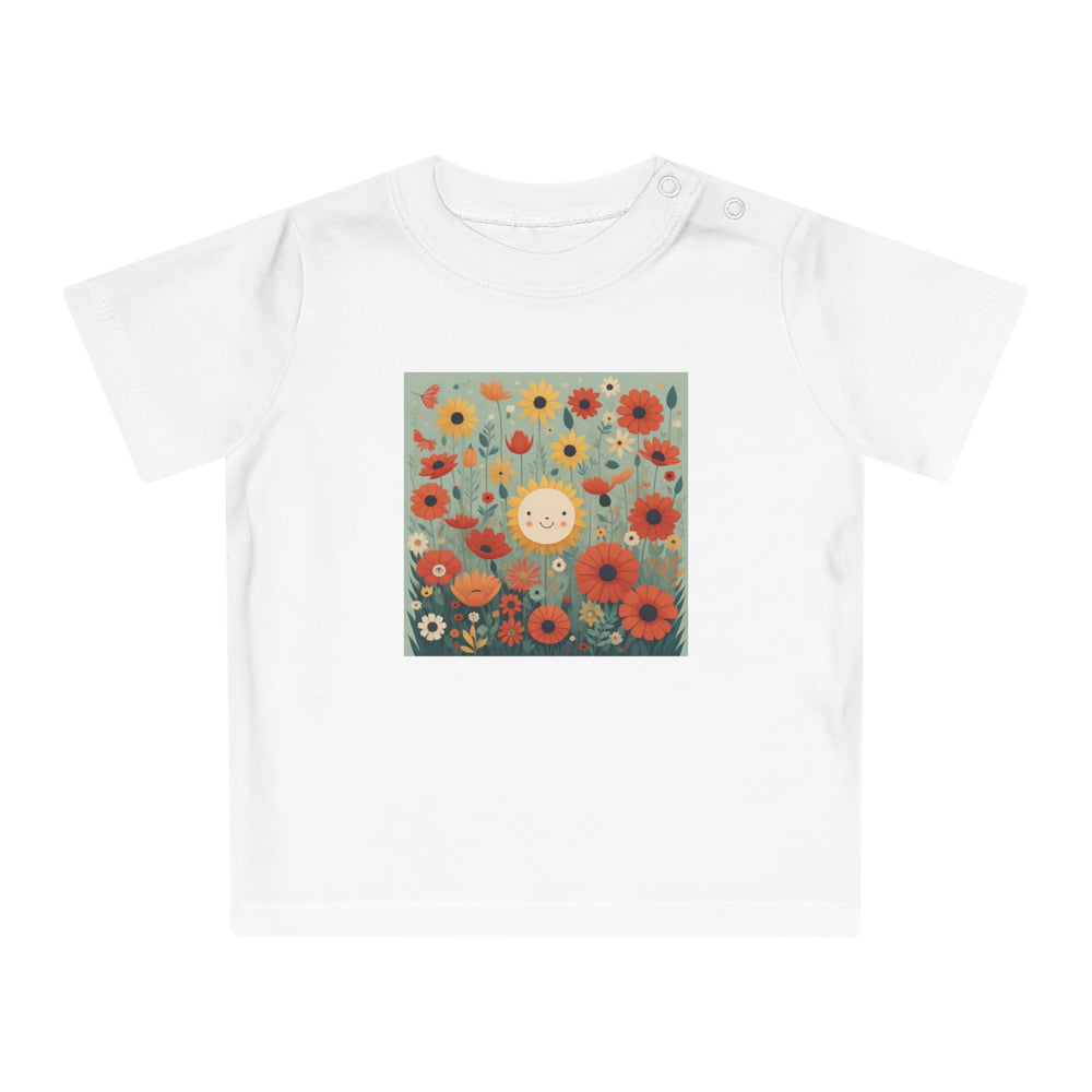 'Field of Poppies' ORGANIC Baby/Toddler T-Shirt. Soft, premium cotton. Flowers and sunshine illustrative.