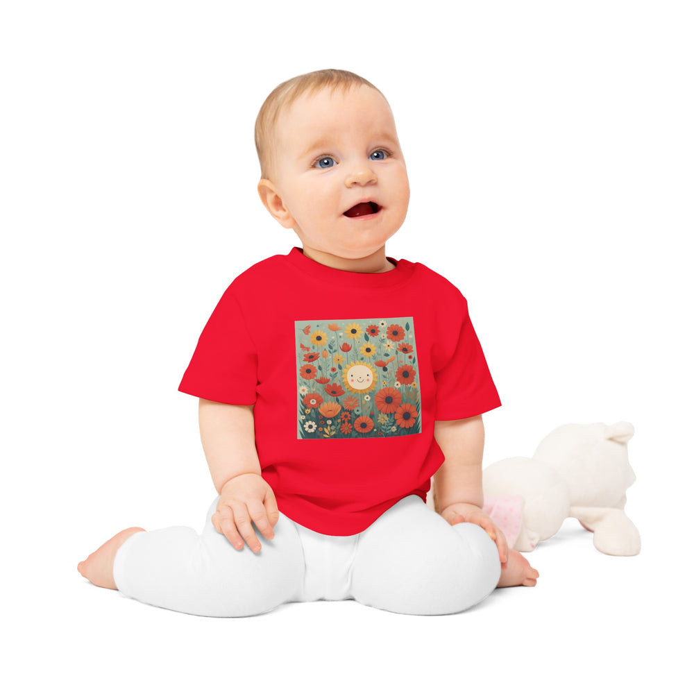 'Field of Poppies' ORGANIC Baby/Toddler T-Shirt. Soft, premium cotton. Flowers and sunshine illustrative.