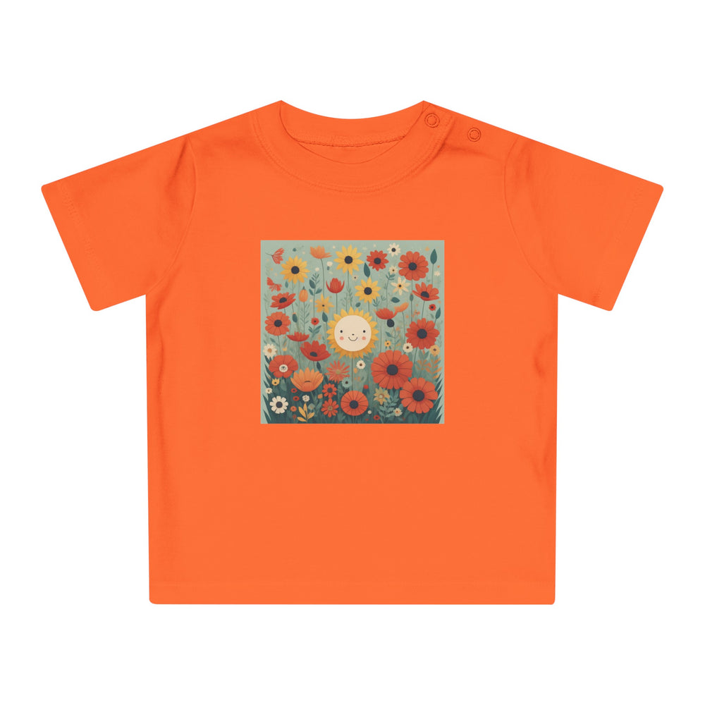 'Field of Poppies' ORGANIC Baby/Toddler T-Shirt. Soft, premium cotton. Flowers and sunshine illustrative.