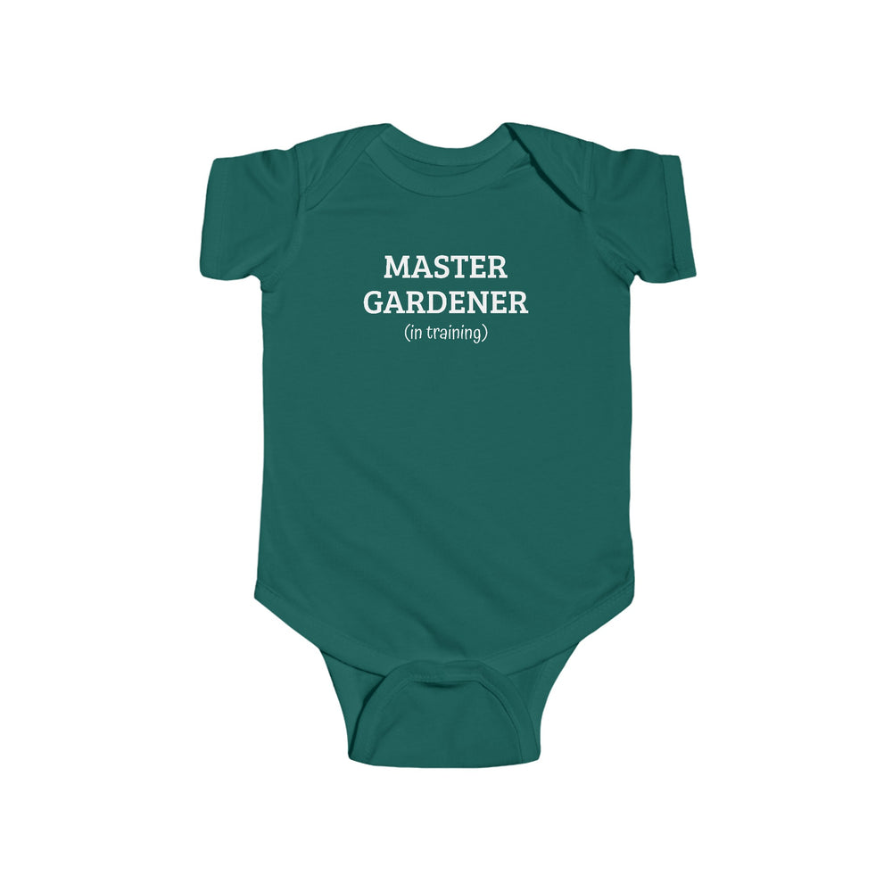 'Master Gardener (In Training)' Infant Fine Jersey Bodysuit onsie. oft, premium cotton. Graphic, illustrative. Gardening and nature.