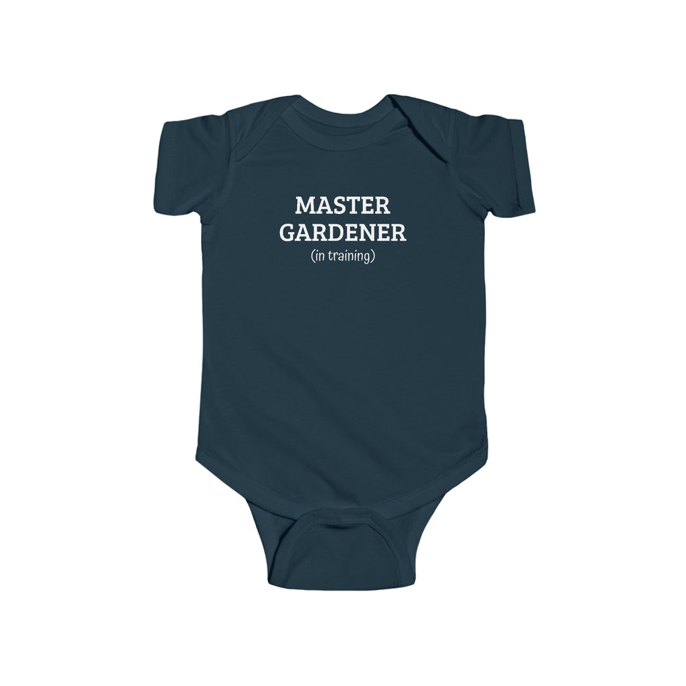 'Master Gardener (In Training)' Infant Fine Jersey Bodysuit onsie. oft, premium cotton. Graphic, illustrative. Gardening and nature.