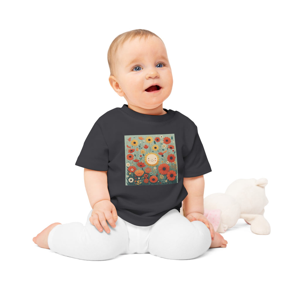 'Field of Poppies' ORGANIC Baby/Toddler T-Shirt. Soft, premium cotton. Flowers and sunshine illustrative.