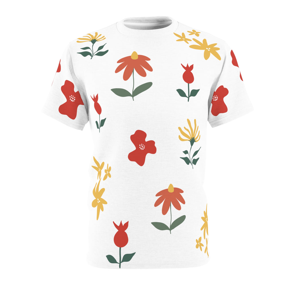 white t-shirt with red and yellow flowers in a boho style, mens and unisex