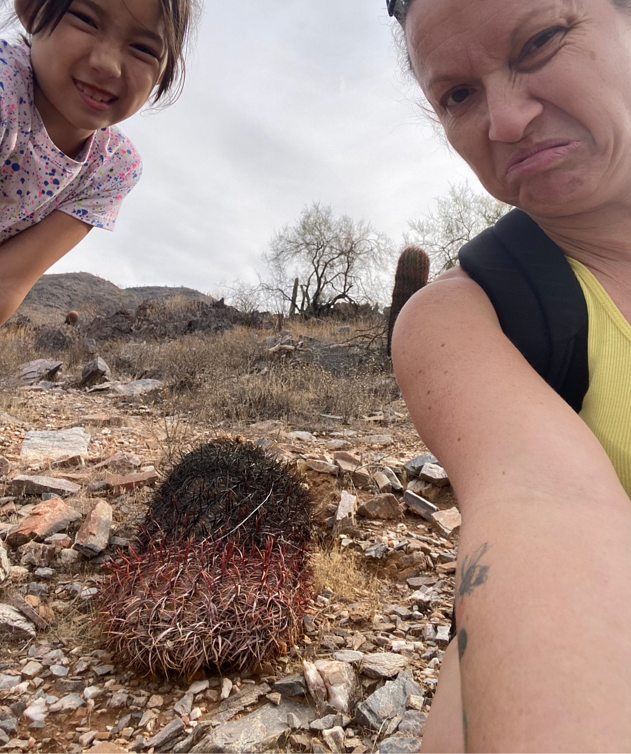 Examining a diseased cactus with Molly and kids in arid landscape