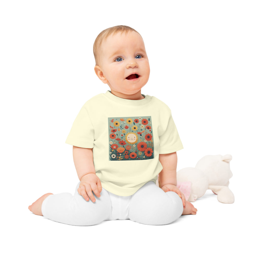 'Field of Poppies' ORGANIC Baby/Toddler T-Shirt. Soft, premium cotton. Flowers and sunshine illustrative.