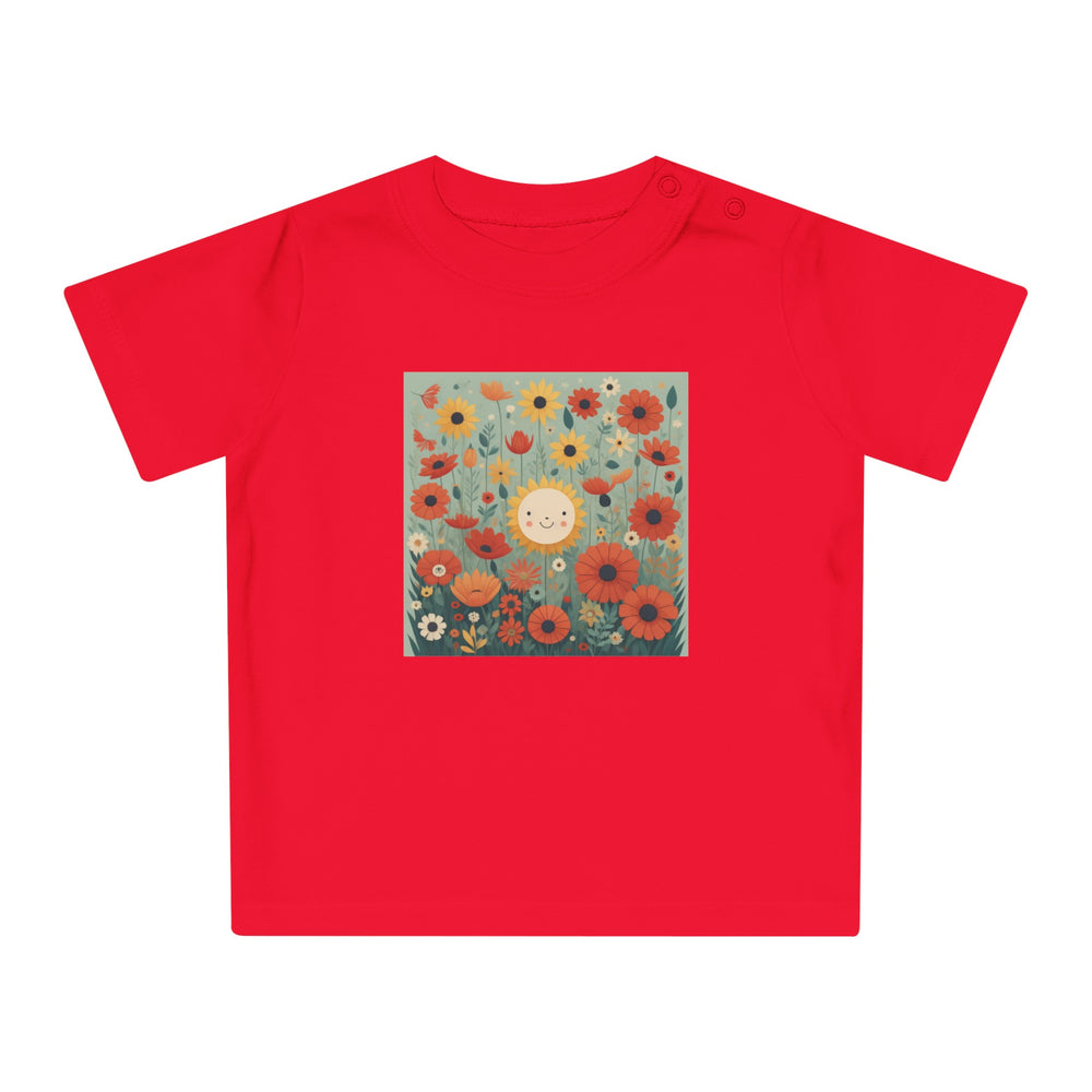 'Field of Poppies' ORGANIC Baby/Toddler T-Shirt. Soft, premium cotton. Flowers and sunshine illustrative.